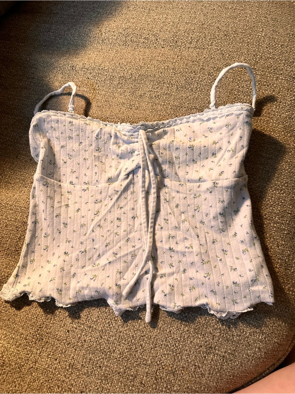 Aeropostale White Floral Ribbed Tie-Front Tank Top